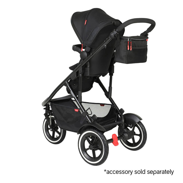 phil&teds sport verso inline buggy front facing toddler mode with sunhood extended halfway and caddy storage bag - caddy accessory sold separately - 3/4 rear view_butterscotch