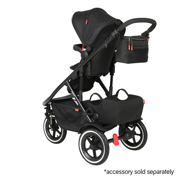 phil&teds sport verso inline buggy front facing toddler mode with sunhood extended halfway and caddy and tote storage bags - accessories sold separately - 3/4 rear view_butterscotch