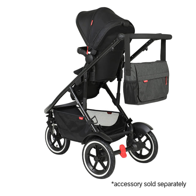 phil&teds sport verso inline buggy front facing toddler mode with sunhood extended halfway and diddie parenting bag - diddie bag accessory sold separately - 3/4 rear view_butterscotch