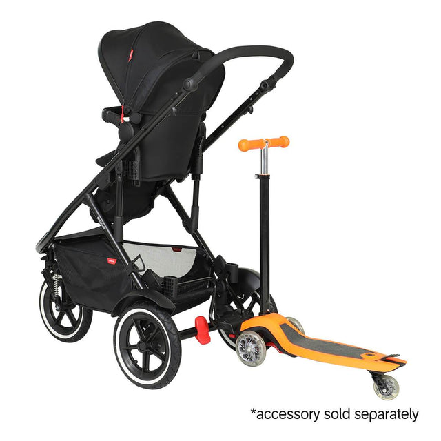 phil&teds sport verso inline buggy front facing toddler mode with sunhood extended halfway with freerider stroller board - freerider accessory sold separately - 3/4 rear view_butterscotch