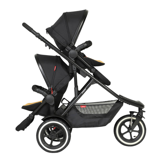 phil&teds sport verso inline buggy in double or twin toddler mode rear facing double kit and raised view forward facing seat with half extended sun hoods - 3/4 view_butterscotch