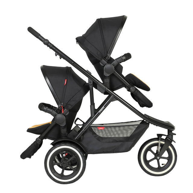 phil&teds sport verso inline buggy in double or twin toddler mode rear facing double kit and forward facing seat with half extended sun hoods - 3/4 view_butterscotch