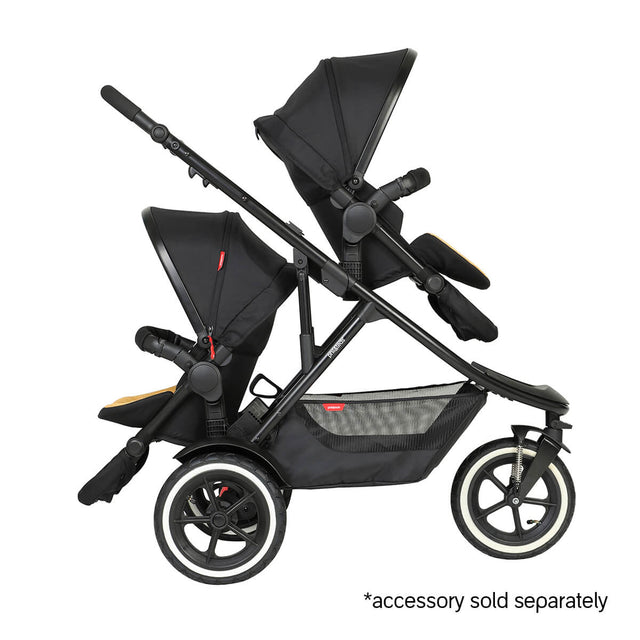 phil&teds sport verso inline buggy in double or twin toddler mode rear facing double kit and forward facing seat with half extended sun hoods -  double kit accessory sold separately - 3/4 view_butterscotch