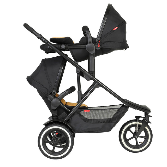 phil&teds sport verso inline buggy in double or twin - rear facing lie flat newborn mode with front facing double kit toddler rear seat using - open sun hoods - double kit accessory sold separately - 3/4 view_butterscotch