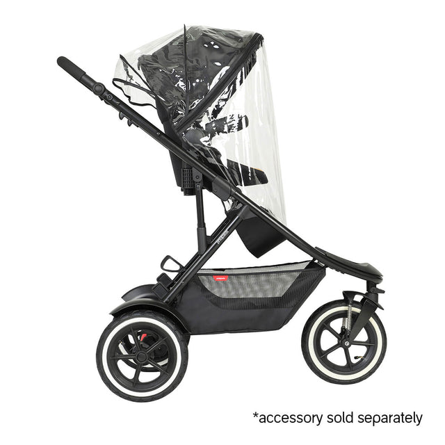 phil&teds sport verso inline buggy forward facing upright toddler mode with full extended sunhood and single storm cover - accessory sold separately - side view_butterscotch