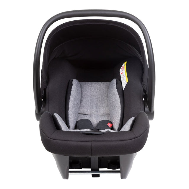 alpha™ infant car seat shown from the front, with handle in the upright carrying position, showing the cushioning grey marl liner_black/grey marl
