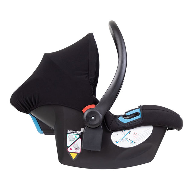 alpha™ infant car seat shown side on with carry handle in upright position for carrrying_black/grey marl