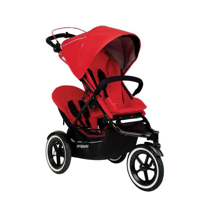 phil&teds sport navigator inline stroller double kit attached in cherry red 3qtr view_cherry