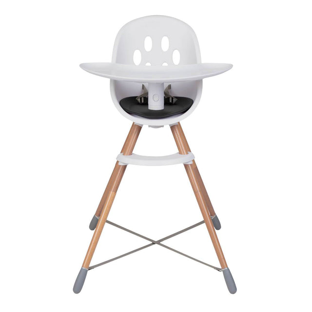phil&teds award winning poppy wooden legged high chair with food tray shown from front_black seat liner