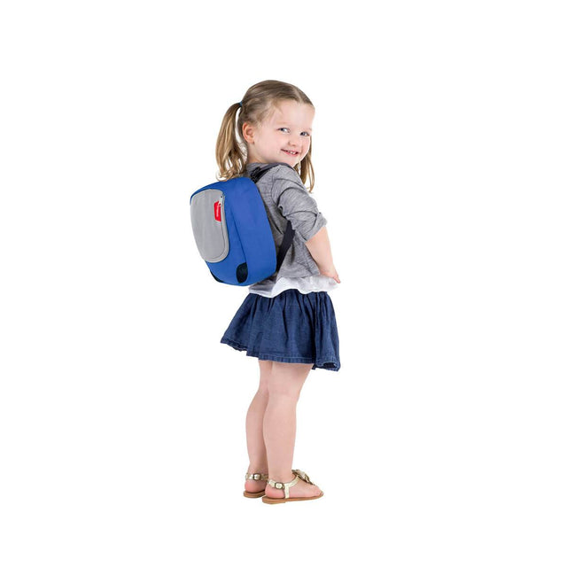 phil&teds parade detachable mini me backpack in chilli worn by a child_blue