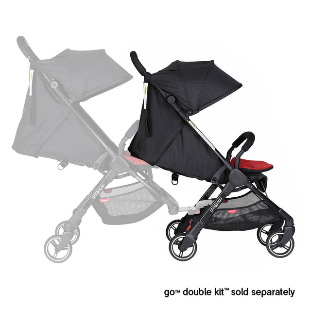 go buggy showing additonal accessory of a double kit with both seats in lie flat newborn mode